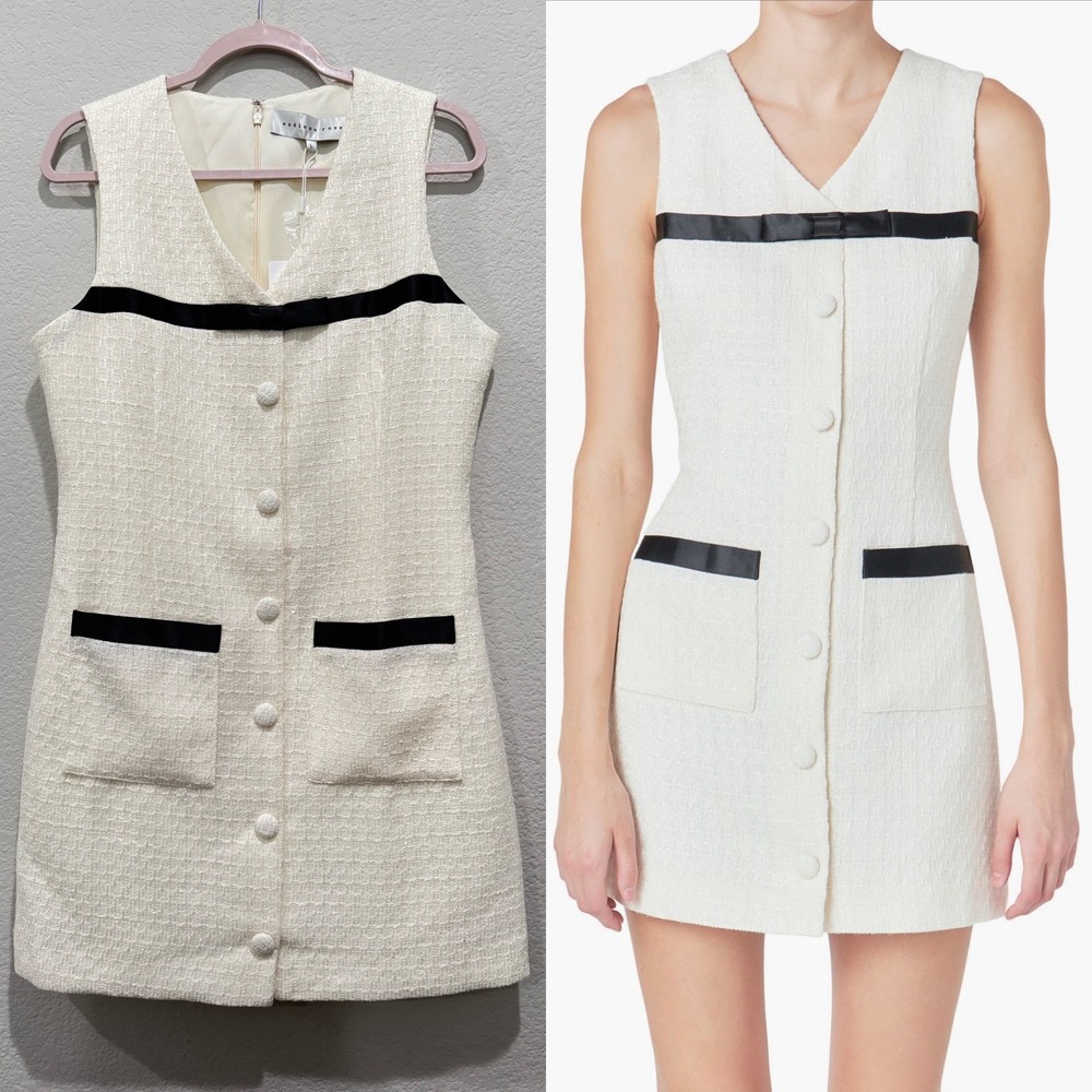 Endless Rose Tweed Mini Sheath Dress Ivory Medium Sleeveless Pocket VNeck Career